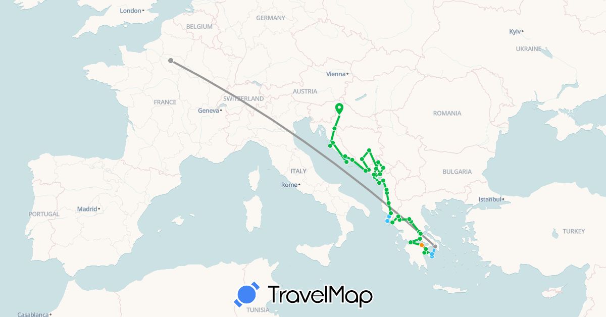 TravelMap itinerary: driving, bus, plane, boat, hitchhiking in Albania, Bosnia and Herzegovina, France, Greece, Croatia, Montenegro (Europe)